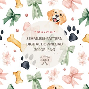 Può includere: Un download digitale di un motivo senza cuciture con un cucciolo di golden retriever, ossa, impronte di zampe, fiocchi rosa e verdi e fiori rosa. Il motivo è di 20 pollici per 20 pollici e 300 DPI.