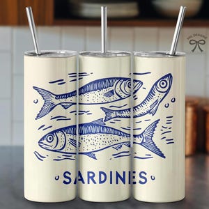 Sardines 20 oz skinny tumbler wrap, Tin Fish Sublimation png, Fisherman Seamless print, seaside mug, Retro Italian Food design, Coastal cup