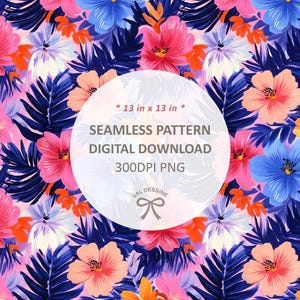 Tropical Flowers Seamless pattern, Bold Floral wallpaper Png, Colorful Summer Sublimation Design, Summer Fashion Fabric Digital Download