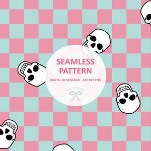 Puede incluir: Patrón sin costuras con calaveras de dibujos animados blancas sobre un fondo a cuadros rosa y azul claro. El diseño incluye el texto "SEAMLESS PATTERN" y "DIGITAL DOWNLOAD - 300 DPI PNG".