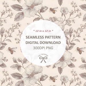 Peut inclure: Un motif numérique sans couture avec des illustrations de fleurs et d'abeilles en crème et marron. Le motif comprend le texte "12 in x 12 in" et "SEAMLESS PATTERN DIGITAL DOWNLOAD 300DPI PNG". La taille est d'environ 30.48 cm x 30.48 cm.