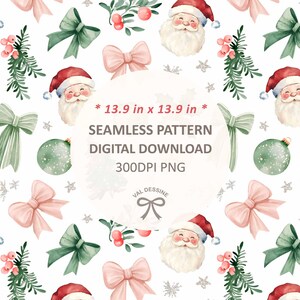May include: A seamless digital pattern with festive elements including Santa Claus, bows, baubles, and foliage. The design, measuring 35.3 cm x 35.3 cm, is set against a white backdrop and includes the text "SEAMLESS PATTERN DIGITAL DOWNLOAD".
