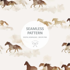 May include: Seamless pattern featuring watercolor illustrations of running horses in shades of brown and tan. The horses are depicted in motion against a backdrop of soft, cloud-like shapes. The text "SEAMLESS PATTERN" is displayed in a white circle.