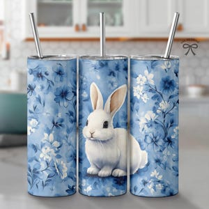 Blue Floral Chinoiserie Tumbler Wrap, Happy Easter Bunny Png, Grand Millennial 20oz Skinny Sublimation Design, Seamless png Digital Download