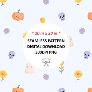 Puede incluir: Una descarga digital de patrón sin costuras con calabazas, fantasmas, calaveras y flores sobre un fondo azul claro. El patrón mide 50.8 cm x 50.8 cm e incluye el texto "SEAMLESS PATTERN DIGITAL DOWNLOAD 300DPI PNG".