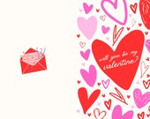 Will You Be My Valentine Blank Foldable Card (Digital Print) Pink and Red Valentine's Day Card