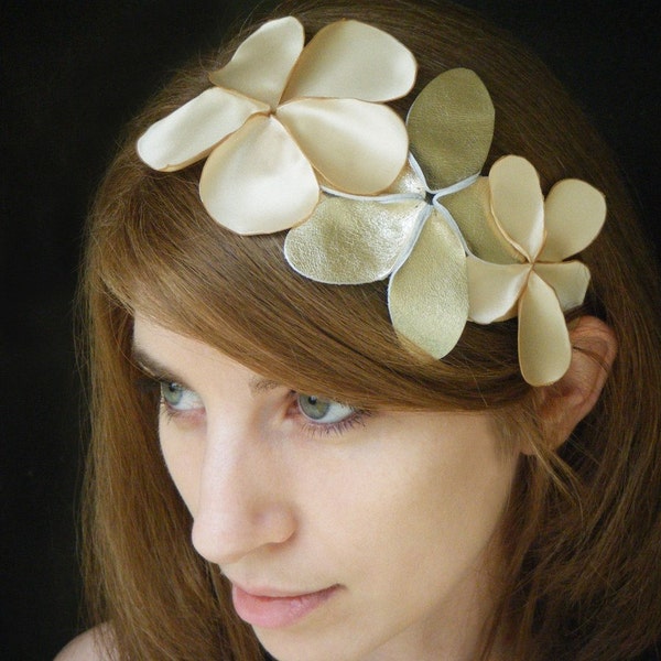 Fascinator, romantic vintage flair headband, champagne gold color leather and ivory cream satin flowers