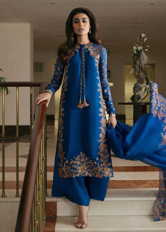 blue silk dress pakistani Pakistan Blue Maxi Fancy Stitched Embroidered Shamoz Silk Party Wear Navy Blue Maxi