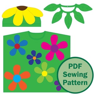 May include: A PDF sewing pattern for a flower-themed costume. The pattern includes a green shirt with colourful flowers, a green leaf collar, and a yellow flower hat.