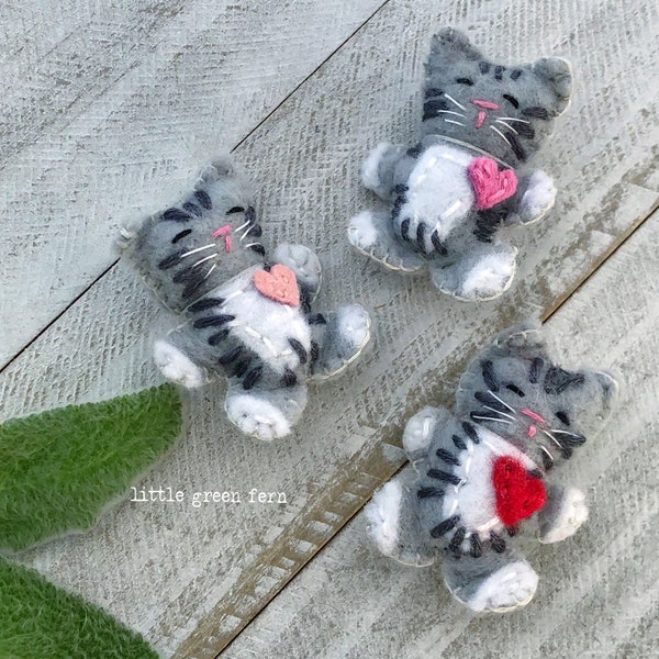 Tiny stuffed gray and white tabby cat with white socks and heart, pet memorial gift, Valentines Day gift, desk pet knick knack