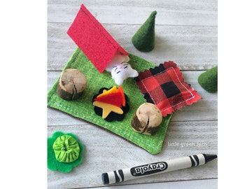 tiny cat camping play scene & loose parts sensory box, miniature felt cat play set, quiet toy for kids, cat in a tin