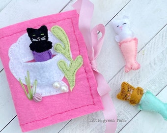 Mini felt quiet book, mermaid cat busy book, travel toy idea for girl, Birthday gift for girl, soft book, tiny felt animal, under the sea