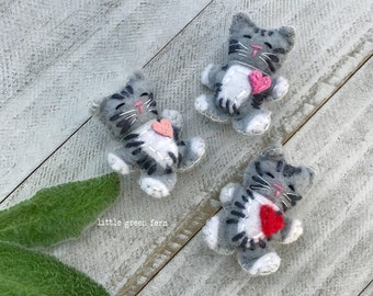 Tiny stuffed gray and white tabby cat with white socks and heart, pet memorial gift, Valentines Day gift, desk pet knick knack