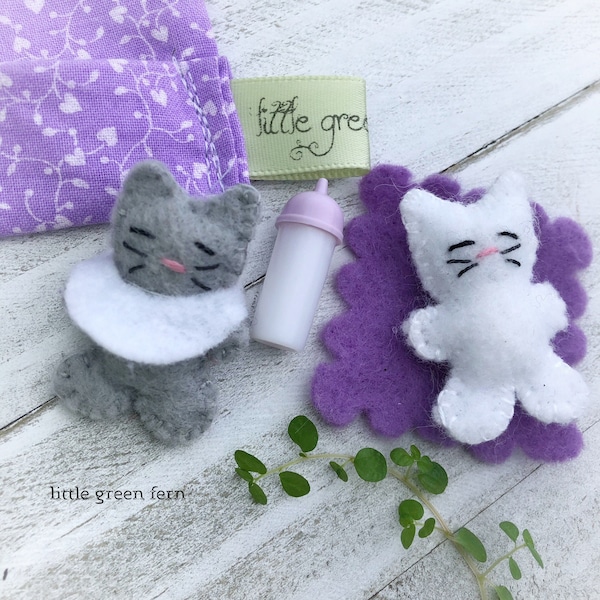 Mini felt stuffed baby cat or bunny for new Big Sister. Pretend baby care set for sibling from new baby, Older sister toy, be like mommy