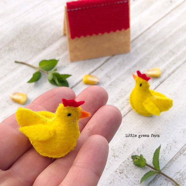 Miniature felt stuffed chicken pet plushie, yellow hen toy for waldorf small world & open ended play, tiny stuffed farm animal figurine