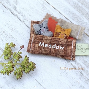 Miniature stuffed tabby cat play set in a pocket bed, with personalization, Tiny kitty bo ho neutral colored gift for boy or girl