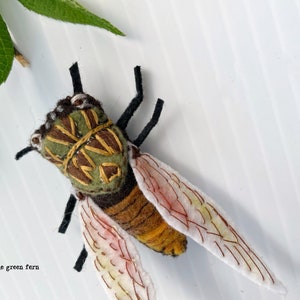May include: A hand-stitched felt cicada with brown, green, and yellow wings. The cicada has a detailed embroidered design on its back.