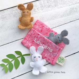 miniature bunny in a bed, tiny stuffed rabbit plushie pocket pet, Easter basket filler for kids, Pocket plush mini stuffie