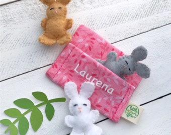 miniature bunny in a bed, tiny stuffed rabbit plushie pocket pet, Easter basket filler for kids, Pocket plush mini stuffie