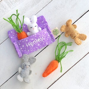 Mini felt stuffed Easter bunny plushie pet & carrot in a pocket, Personalized Easter gift for kids, Stuffed rabbit  Easter basket filler toy