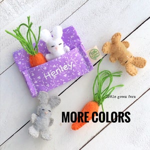 Miniature bunny plushie, Personalized Easter gift for kids, Stuffed rabbit & carrot, Kawaii bunny in a pocket, Easter basket filler toy