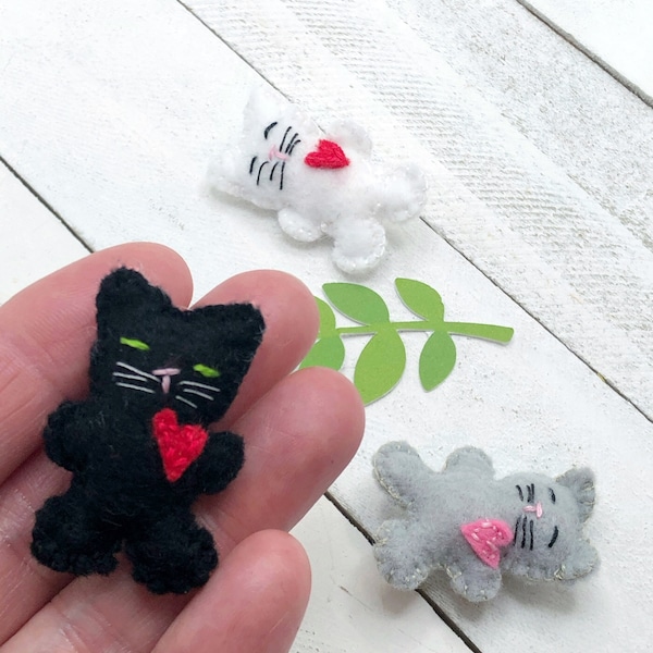 Tiny stuffed kitty cat with heart, Valentine gift for cat lover, Pocket pet, pet memorial, gray white black cat