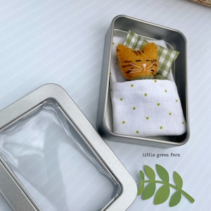 May include: A small orange cat with black stripes is sleeping in a white and green gingham bed inside a silver tin with a clear lid. The tin has the words "little green fern" printed on the side.