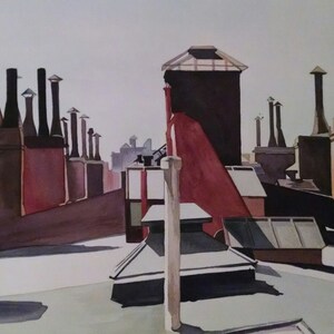 Edward Hopper-pastisch (Washington Squares takåsar 1926) akvarell 35 x 50 cm