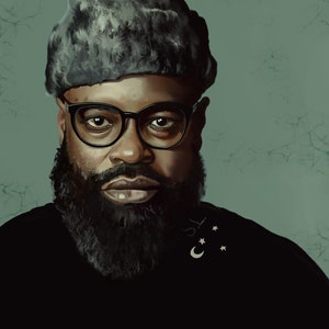 May include: Digital portrait of a person with a full beard, wearing a black shirt, glasses, and a fur hat. The shirt has a crescent moon and star design. The background is a muted teal color with a cracked texture.