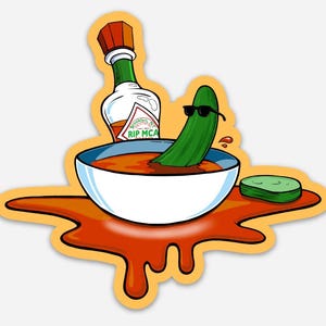 May include: A cartoon illustration of a pickle wearing sunglasses, submerged in a bowl of red sauce with a bottle of hot sauce labelled "RIP MCA" on the side. The sauce has spilled onto a yellow surface.