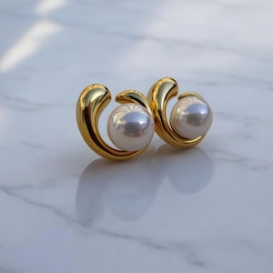 Gold Pearl Statement Earrings | Vintage-Inspired Modern Studs | Elegant Curved Design