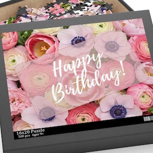 Pastellblumen alles Gute zum Geburtstagkartenpuzzle, 120, 250, 500 Teile, romantisches weiches rosa und weißes Frühlingsblumenstrauß-Notizpuzzle, Geschenk für Sie