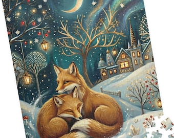 May include: A jigsaw puzzle featuring a winter scene with two foxes nestled together. The artwork depicts a snowy landscape with a crescent moon, aurora borealis, and a village. The puzzle pieces are scattered at the bottom.