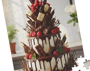 May include: A two-tiered chocolate cake with white frosting, adorned with chocolate shards, fresh raspberries, and white chocolate squares. The cake has a chocolate ganache drip and is presented on a white plate. A jigsaw puzzle of the cake is partially assembled.