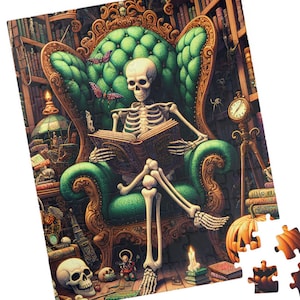 Skeleton Reading Jigsaw Puzzle: Spooky Gothic Library Halloween Scene