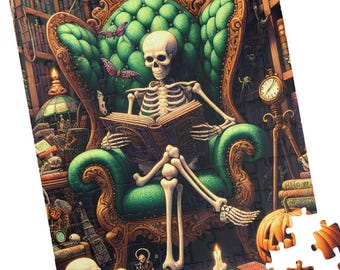 May include: A colorful jigsaw puzzle featuring a skeleton reading a book while seated in a green ornate armchair. The puzzle has a Halloween theme with pumpkins, skulls, and a library background. Several puzzle pieces are separate.