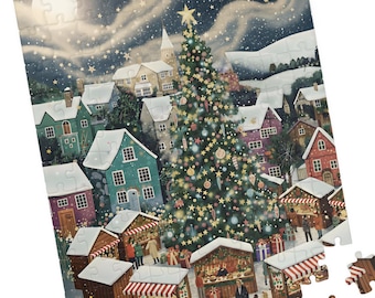 Christmas Market Jigsaw Puzzle: Festive Holiday Village Scene (100, 250, 500 pc)