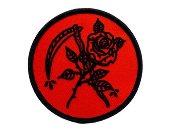 Scythe and Rose Patch. Love and Death Embroidered Iron On Patch.