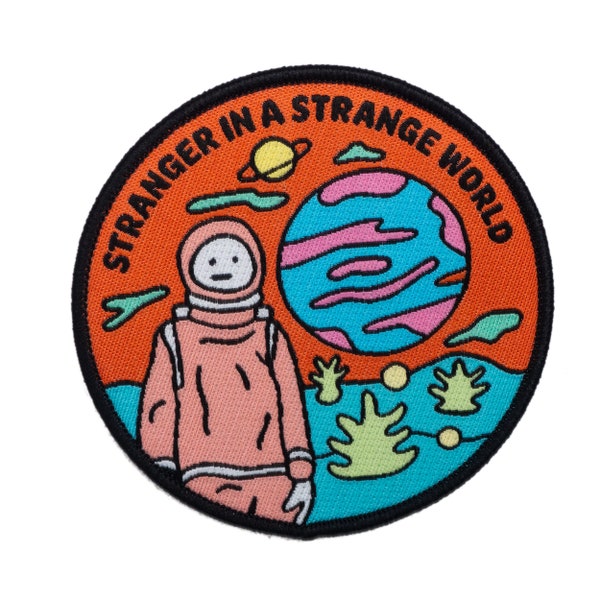 Stranger in a strange world patch. Astronaut space woven patch. Lonely absurd surreal planet badge.
