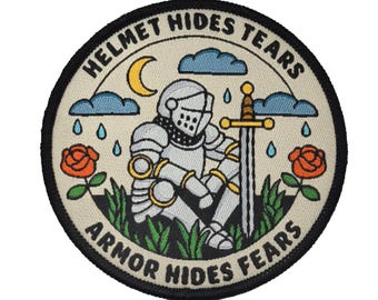 Helmet hides tears armor hides fears patch. Fantasy knight woven patch. Mental health badge. DND RPG depression anxiety patch.