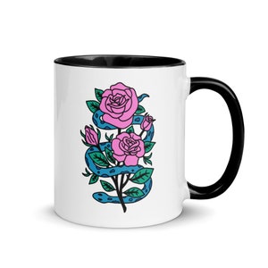 Snake and rose mug. Color block contrast ceramic mug. Snake and rose illustration coffee or tea mug.