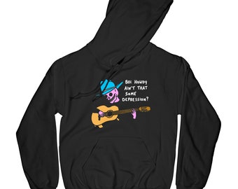 Depressed Cowboy Hooded Sweatshirt. Skull Cowboy Guitar Boi Howdy Pullover Hoodie Hoody. Mental Health Apparel.