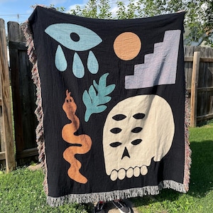 Stuff Woven Blanket 50x60 . Skull Snake Moon Stairs Eye Blanket. Modern Art Blanket or Tapestry. Throw blanket for bed or couch.