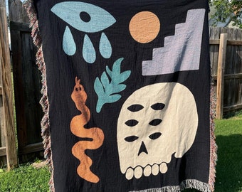 Stuff Woven Blanket 50x60 . Skull Snake Moon Stairs Eye Blanket. Modern Art Blanket or Tapestry. Throw blanket for bed or couch.