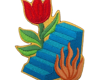 May include: Embroidered patch featuring a blue staircase with a red tulip and orange flames. The patch has a yellow outline.