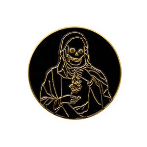 Holy Reaper Skull Pin. Sacred Heart Skeleton Enamel Pin. Black and Gold Death Lapel Pin.
