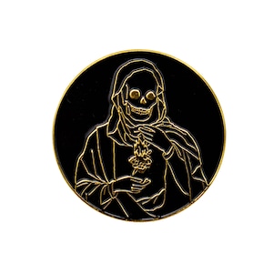 Holy Reaper Skull Pin. Sacred Heart Skeleton Enamel Pin. Black and Gold Death Lapel Pin.