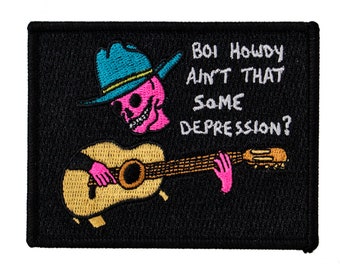 Depressed Cowboy Patch. Boi Howdy Ain't That Some Depression Badge. Skull guitar western iron on patch.