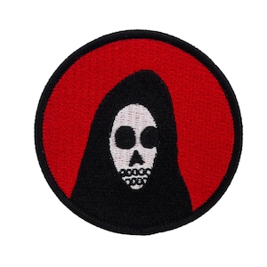 Grim reaper skull embroidered patch. Hooded skull badge. Dark creepy halloween spooky iron on patch.
