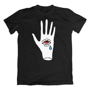 Crying third eye t-shirt. Hand with eye tear tee. Occult, illuminati clothing.